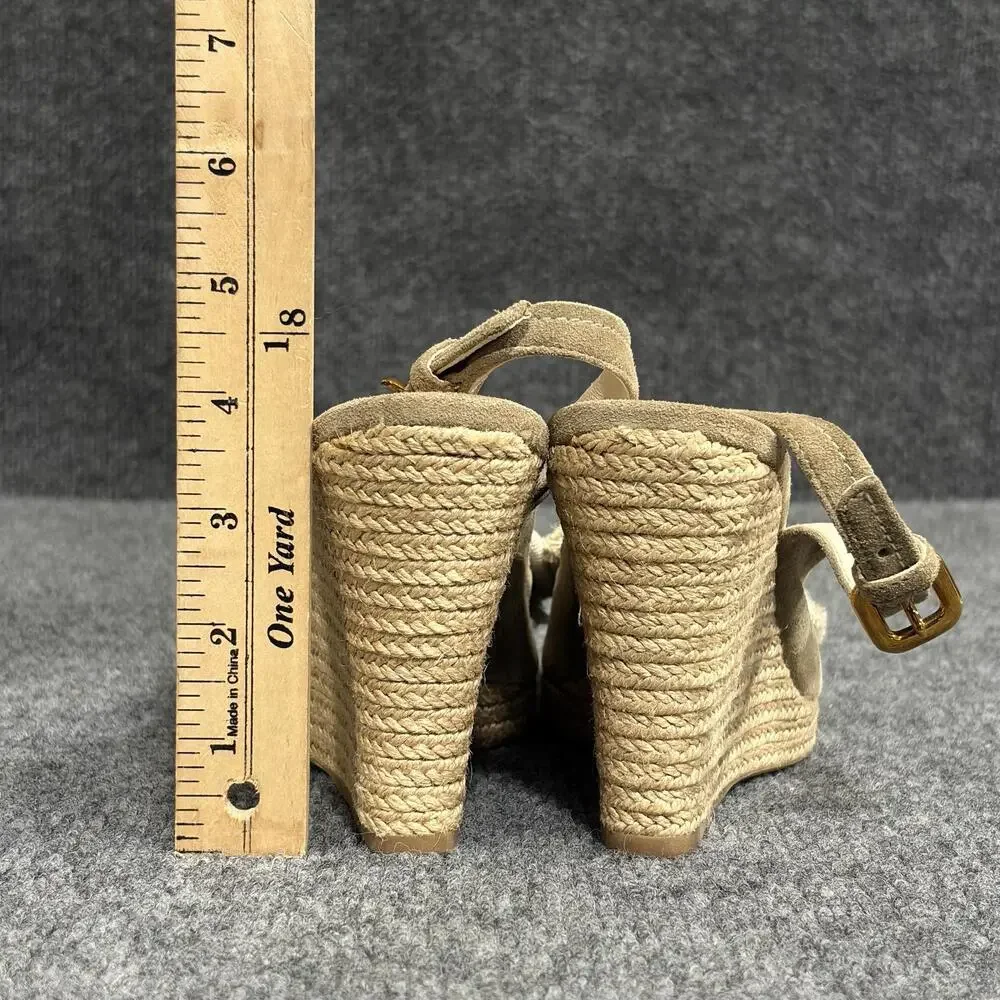 Prada Wedge Sandals Womens 5.5 Beige Espadrille Bow Peep Toe Suede Canvas